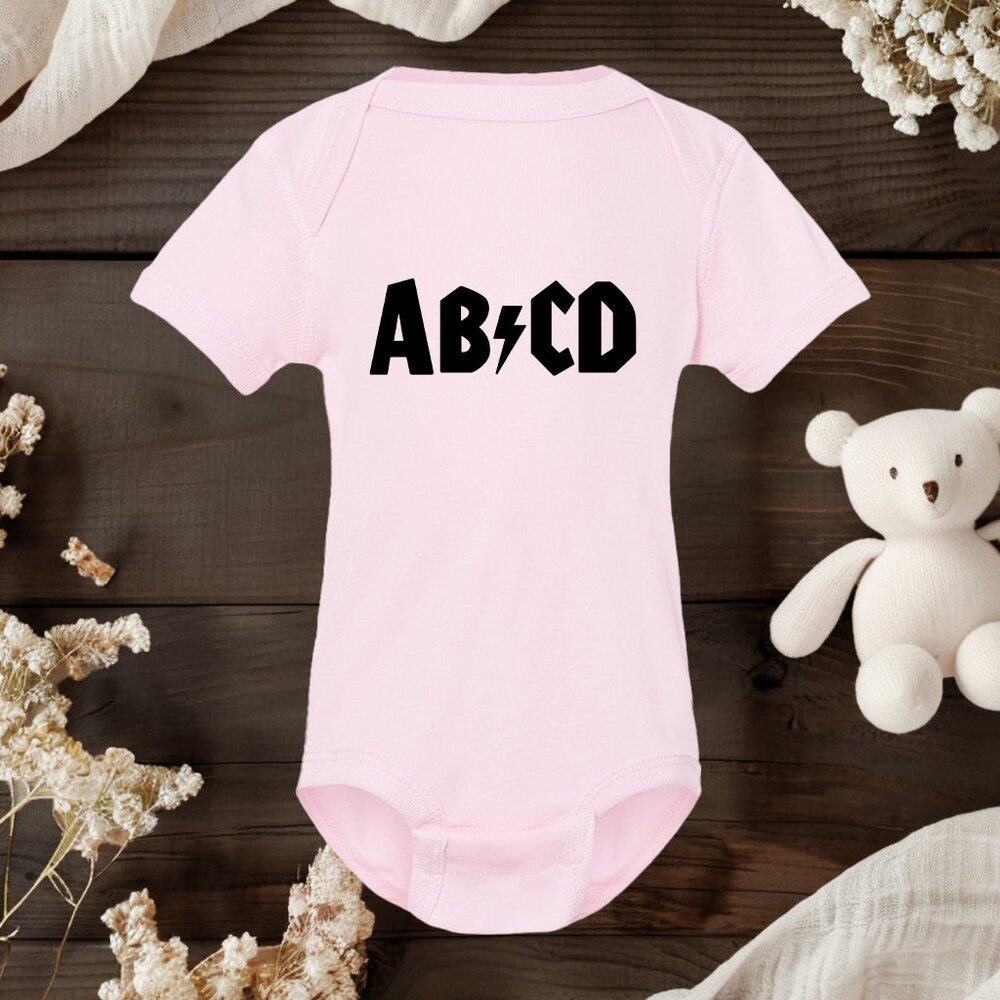ab/cd Baby Onesie • Funny Rock Band Parody Bodysuit • AC/DC Inspired Onesie